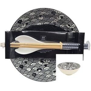 SH Home Black Waves Cats Ceramic Ramen Noodle Bowl 43oz With Chopstick And Spoon